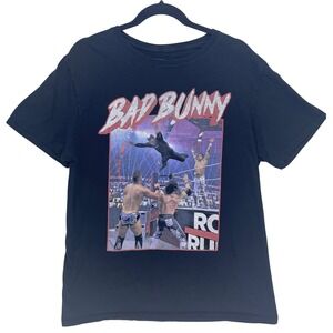WWE Authentic Bad Bunny Black Graphic T-Shirt Large Royal Rumble Skull Merch